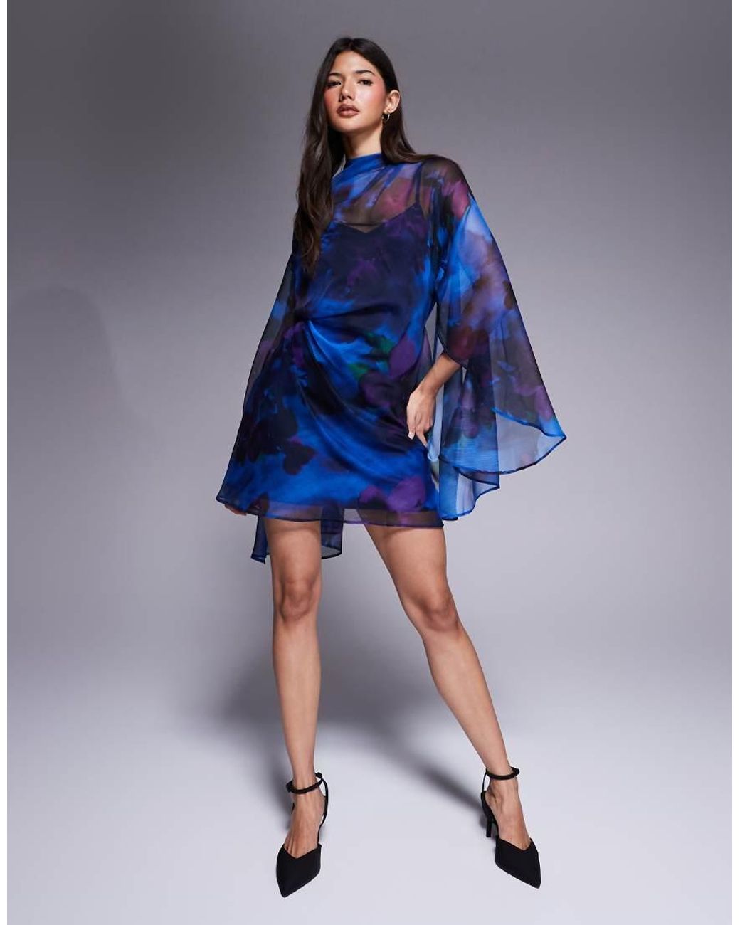 ASOS Blue High Neck Drape Front Extreme Cape Sleeve Mini Dress