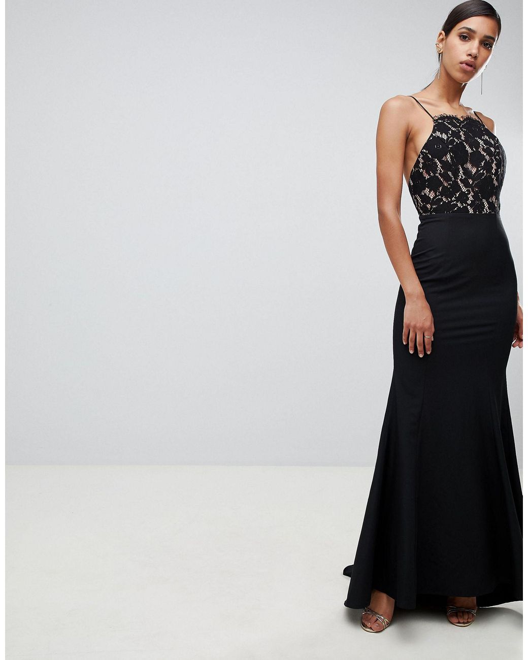 Jarlo Lace Top Open Back Fishtail Maxi Dress in Black | Lyst