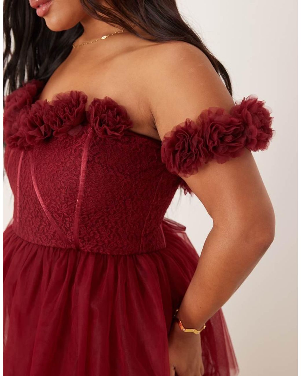 Lace & Beads Plus Rosette Corset Tiered Tulle Maxi Dress