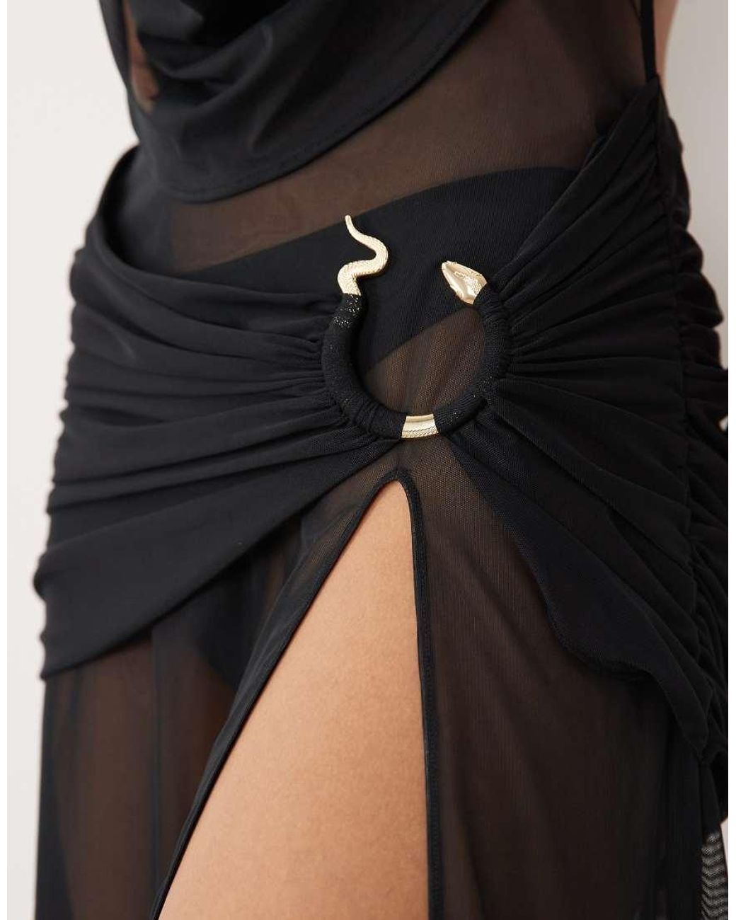 Oh Polly Black Mesh Plunge Cowl Halter Neck Thigh Split Beach Maxi Dress