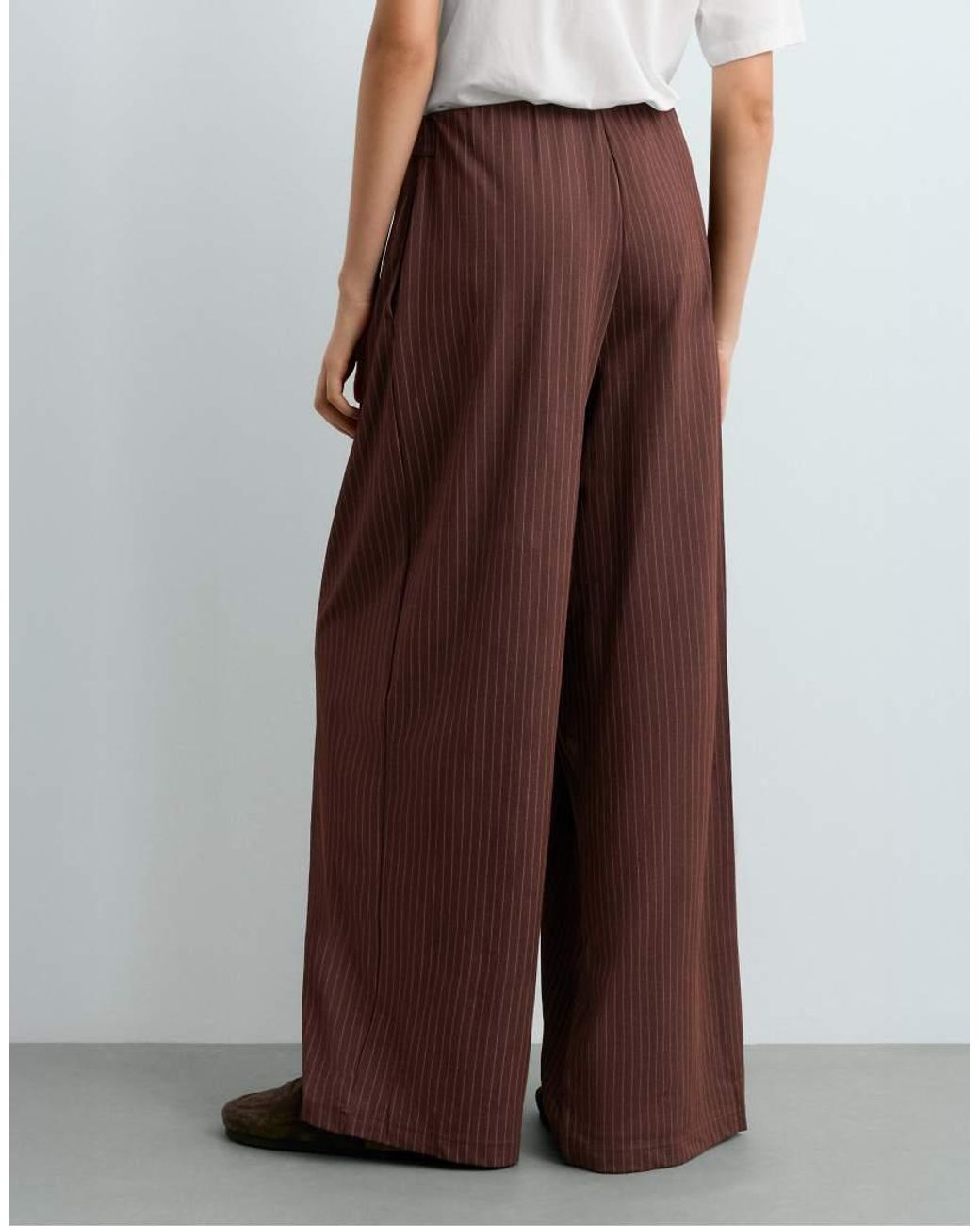 Oysho Brown Pinstripe Cotton Piqué Wide-Leg Trousers