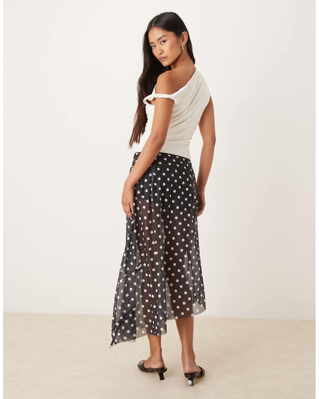 House Of Sunny Natural Polka Dot Mesh Button Detail Midi Skirt