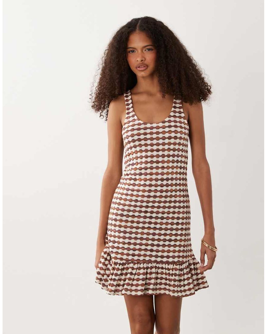 ASOS Natural Crochet Jersey Scoop Neck Mini Dress With Frill Detail