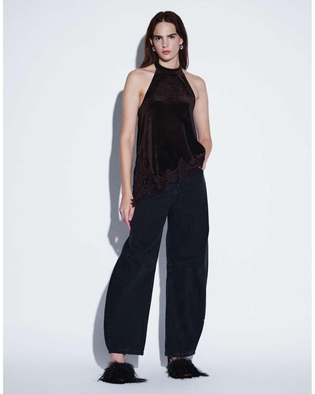 Vila Black Lace Trim Asymmetric Halter Neck Velvet Top