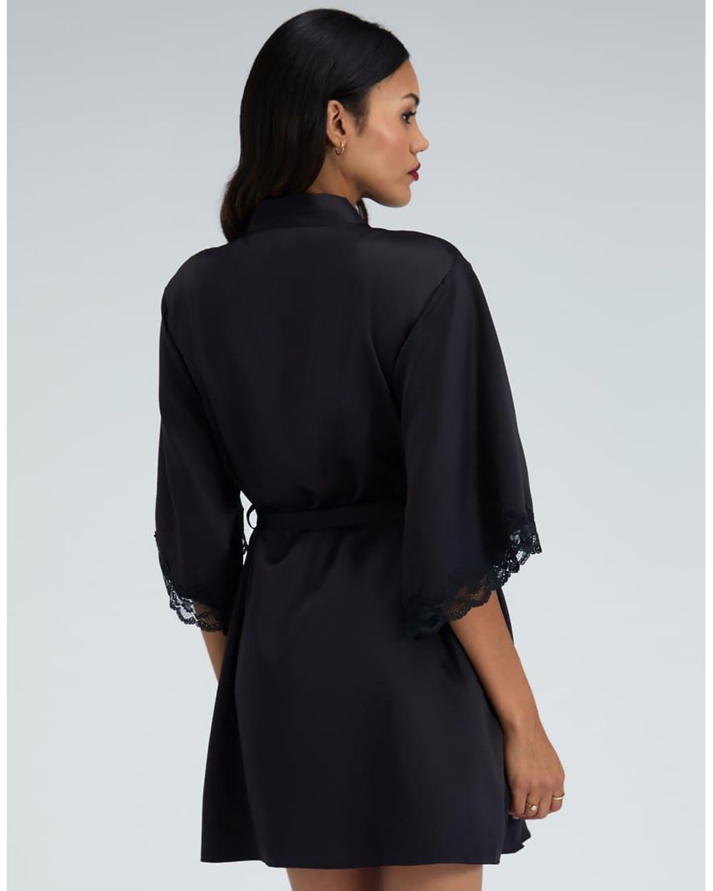 Boux Avenue Blue Amelia Matte Satin Short Robe Lace Trim Self Tie Nightwear