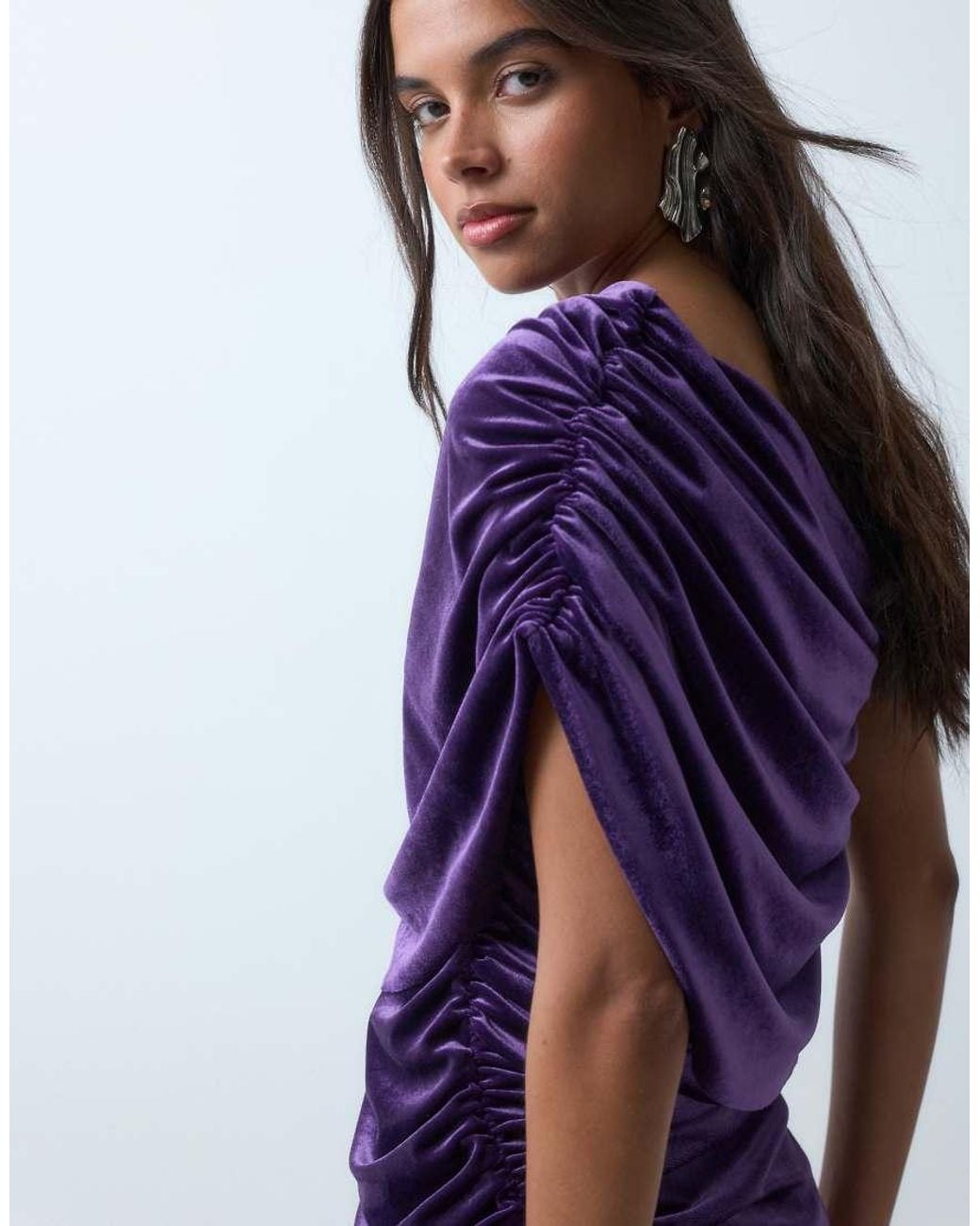 ASOS Purple Velvet Off Shoulder Wrap Bodice Detail Maxi Dress With Train