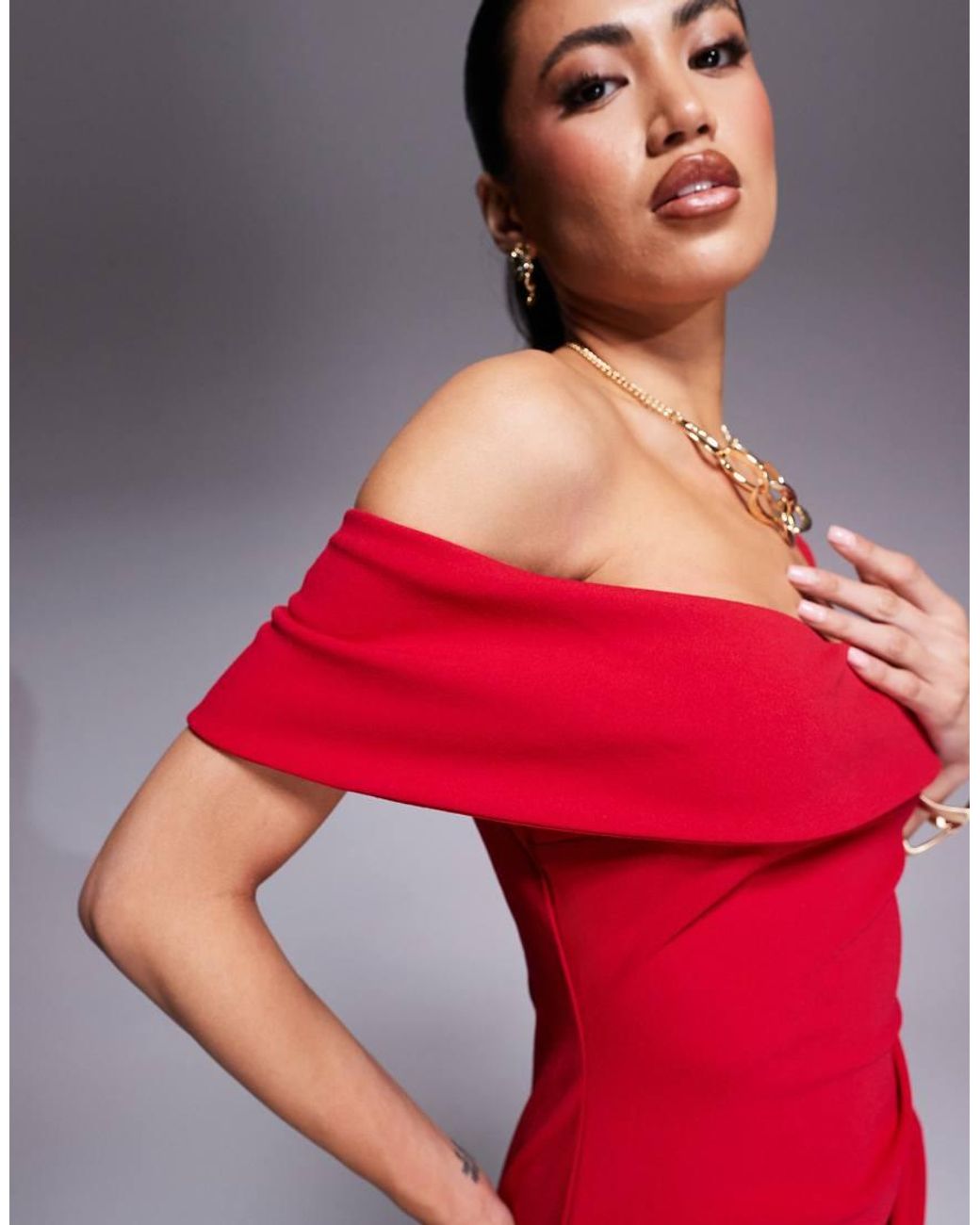 Goddiva Red Off The Shoulder Pleated Waist Maxi Dress