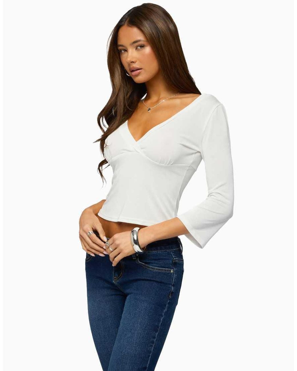 Edikted White Mar V Neck Three-Quarter Sleeve Top