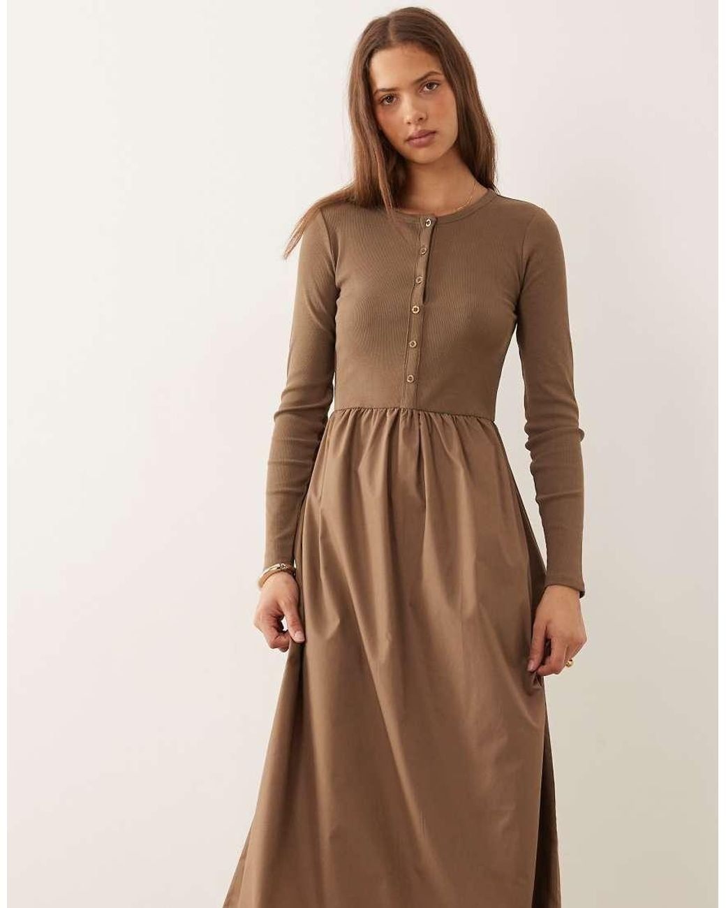 Threadbare Natural Jersey Poplin-mix Midi Dress With Button-through Top