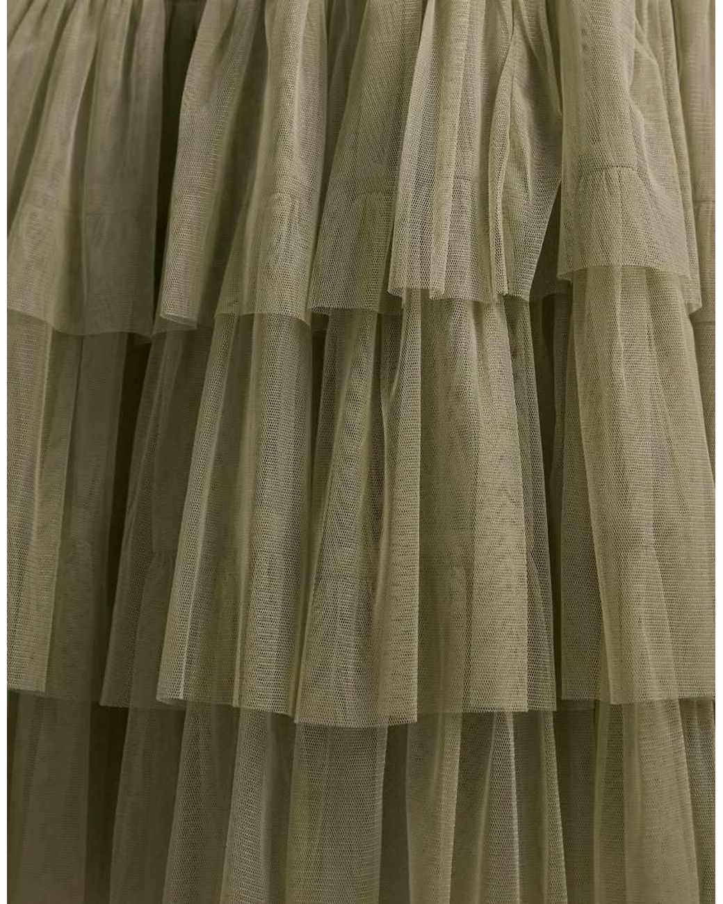 LACE & BEADS Green Bridesmaid Tulle V Neck Midi Dress
