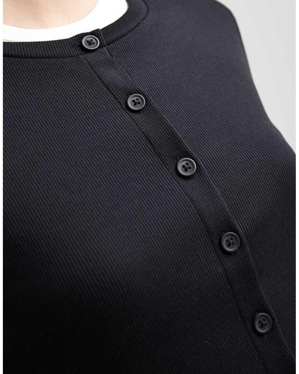 ASOS Black Cotton Rib Crew Neck Button Through Top