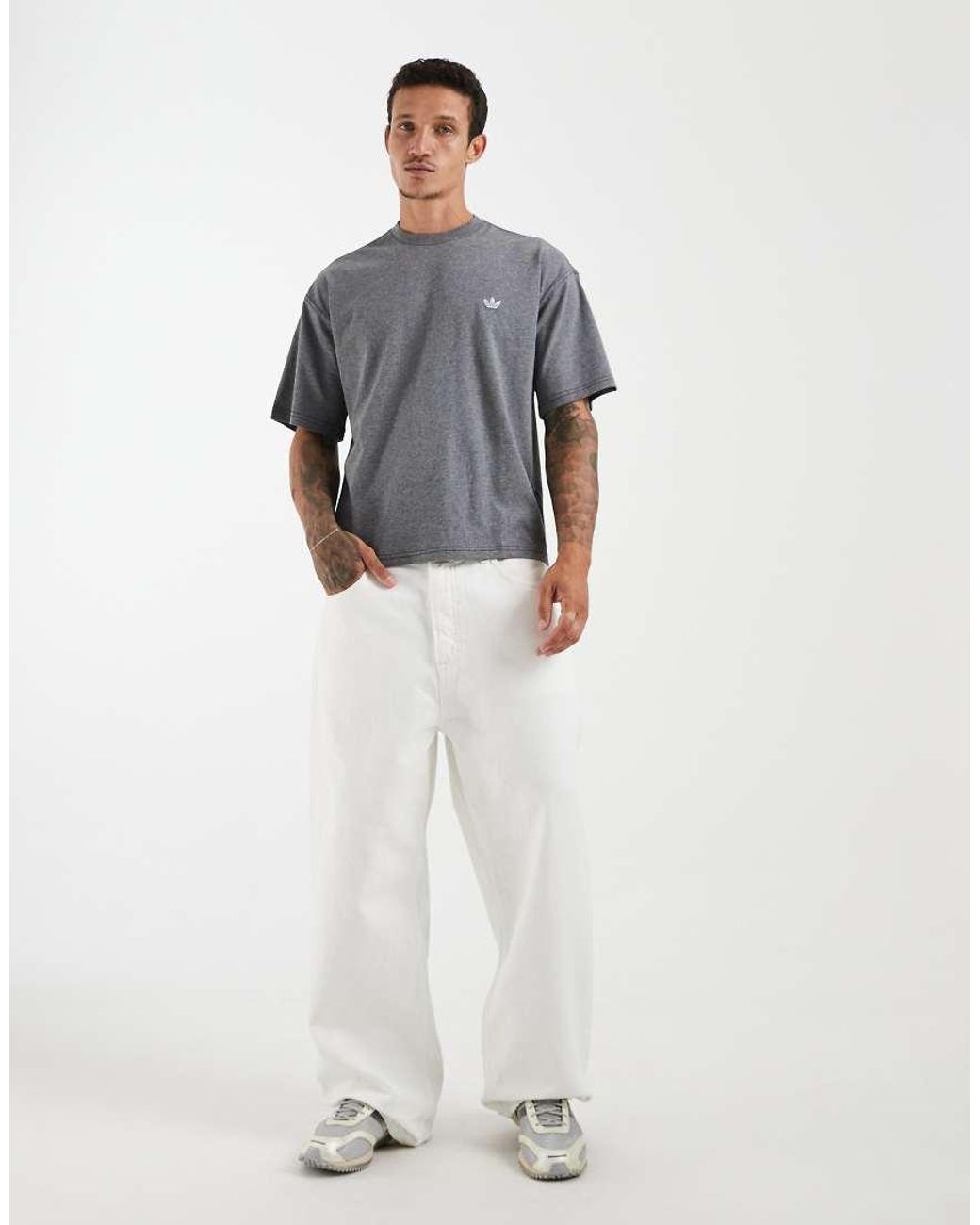 Adidas Originals Gray Trefoil Essentials Melange Loose Cropped Tee for men
