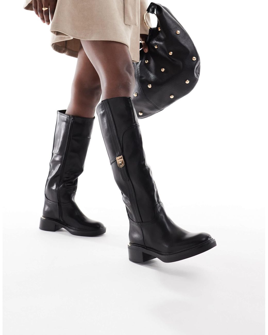 SEQWL Wide Fit White Twix Buckle Detail Refined Riding Boots