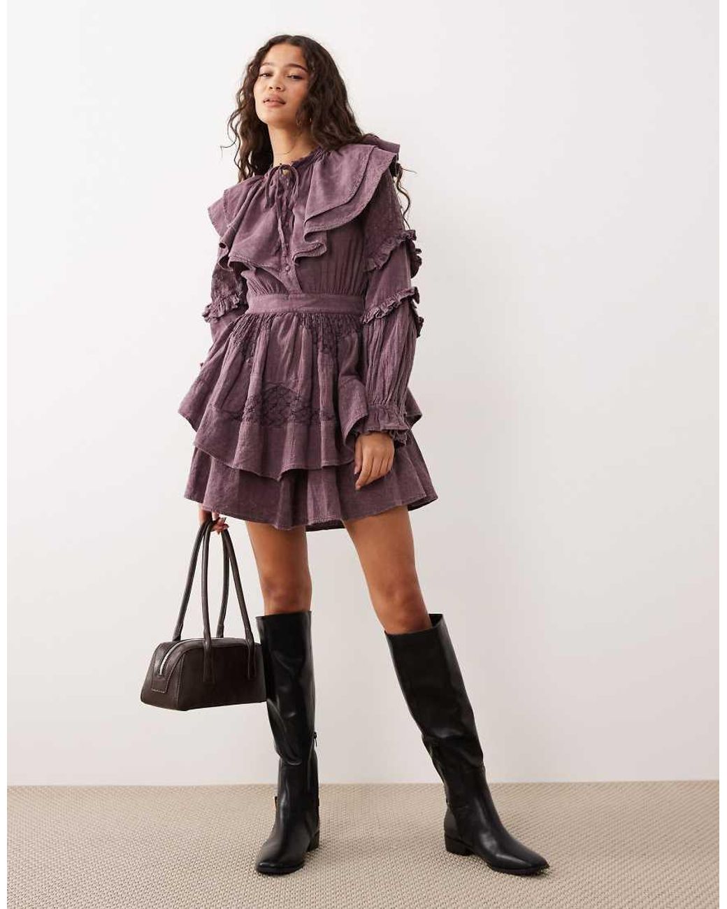 ASOS Purple Mini Dress With Cinched Waist Ruffle Detail And Lace Inserts