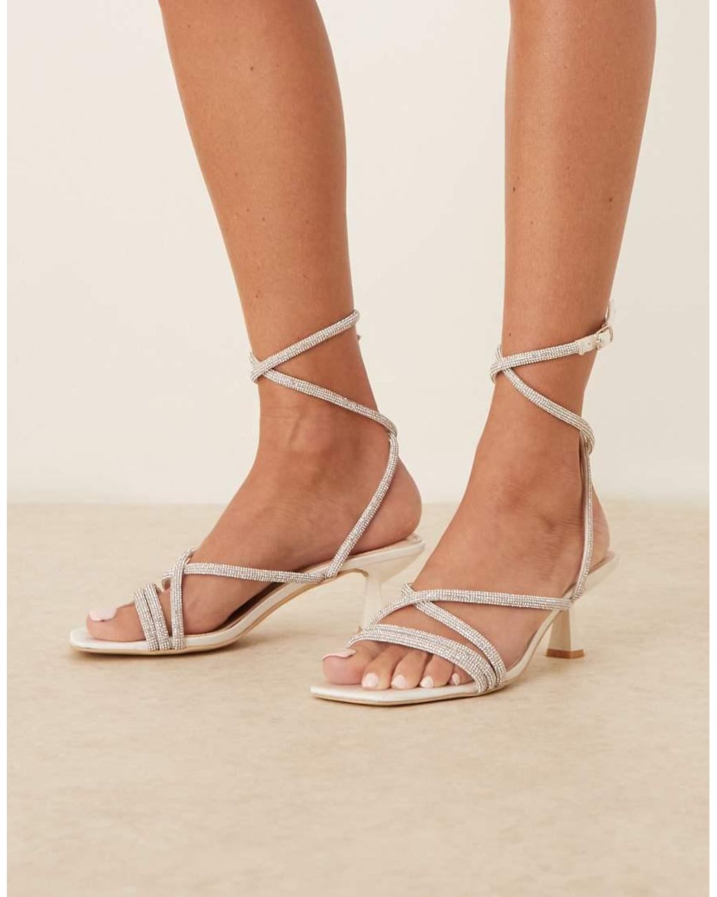 Be Mine Wide Fit Natural Bridal Easha Kitten Heel Sandals With Embellished Straps