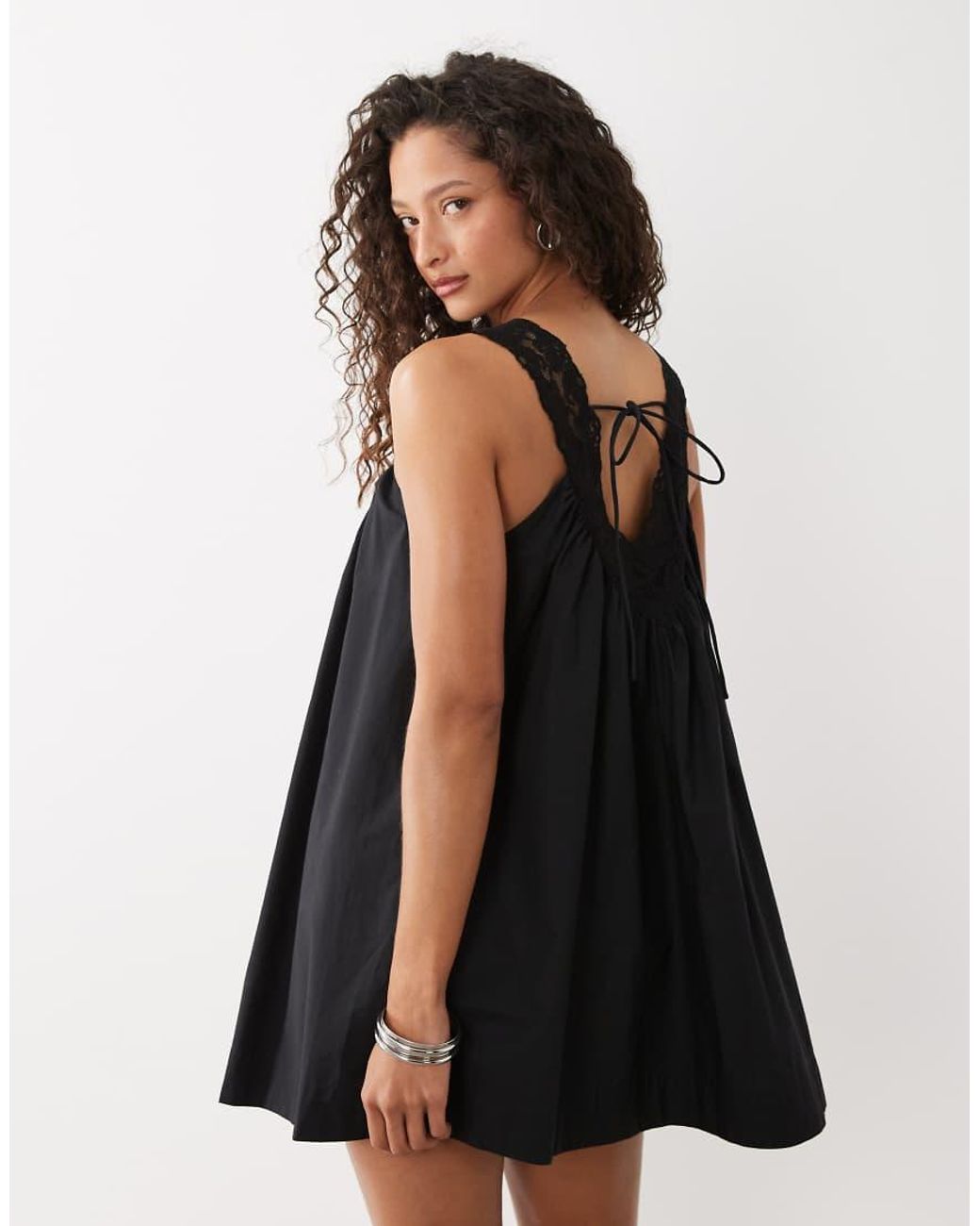 ASOS Black V Neck Smock Poplin Mini Sundress With Lace Overlay