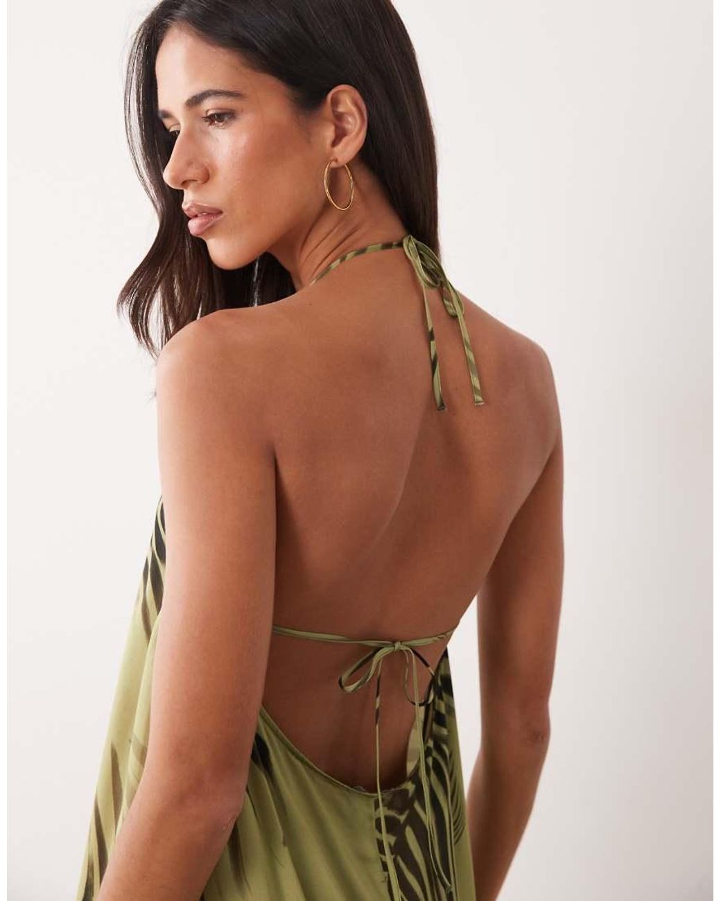 ASOS Natural Halter Neck Midi Dress With High Low Hem