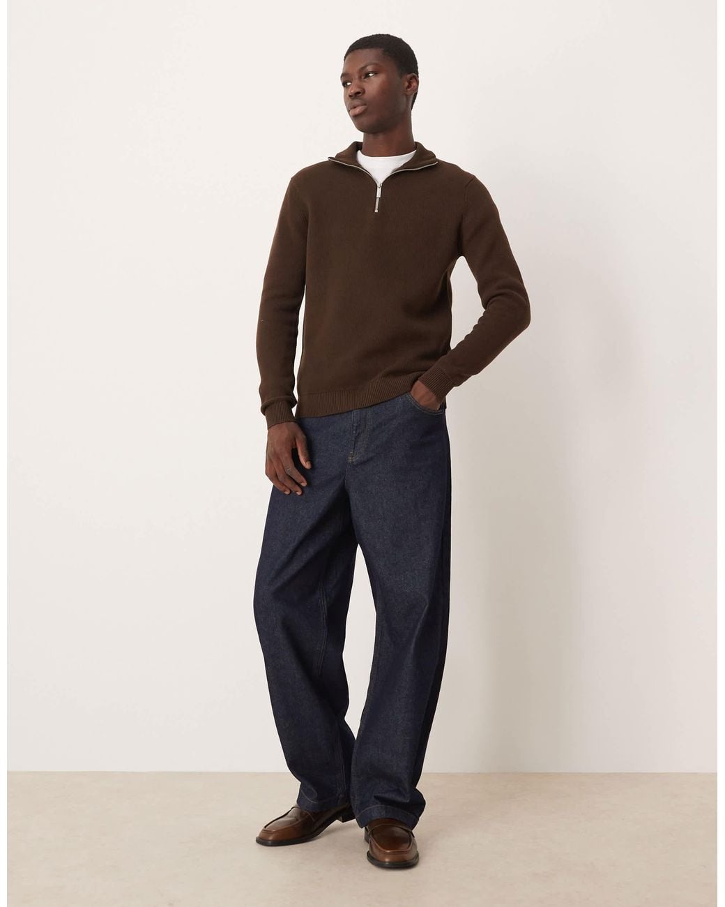 SELECTED Brown 100% Cotton Knitted Half Zip for men