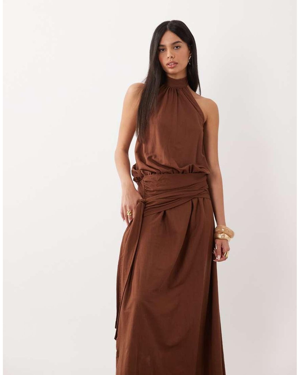 ASOS Brown Linen Look Halter Neck Bubble Hem Maxi Dress