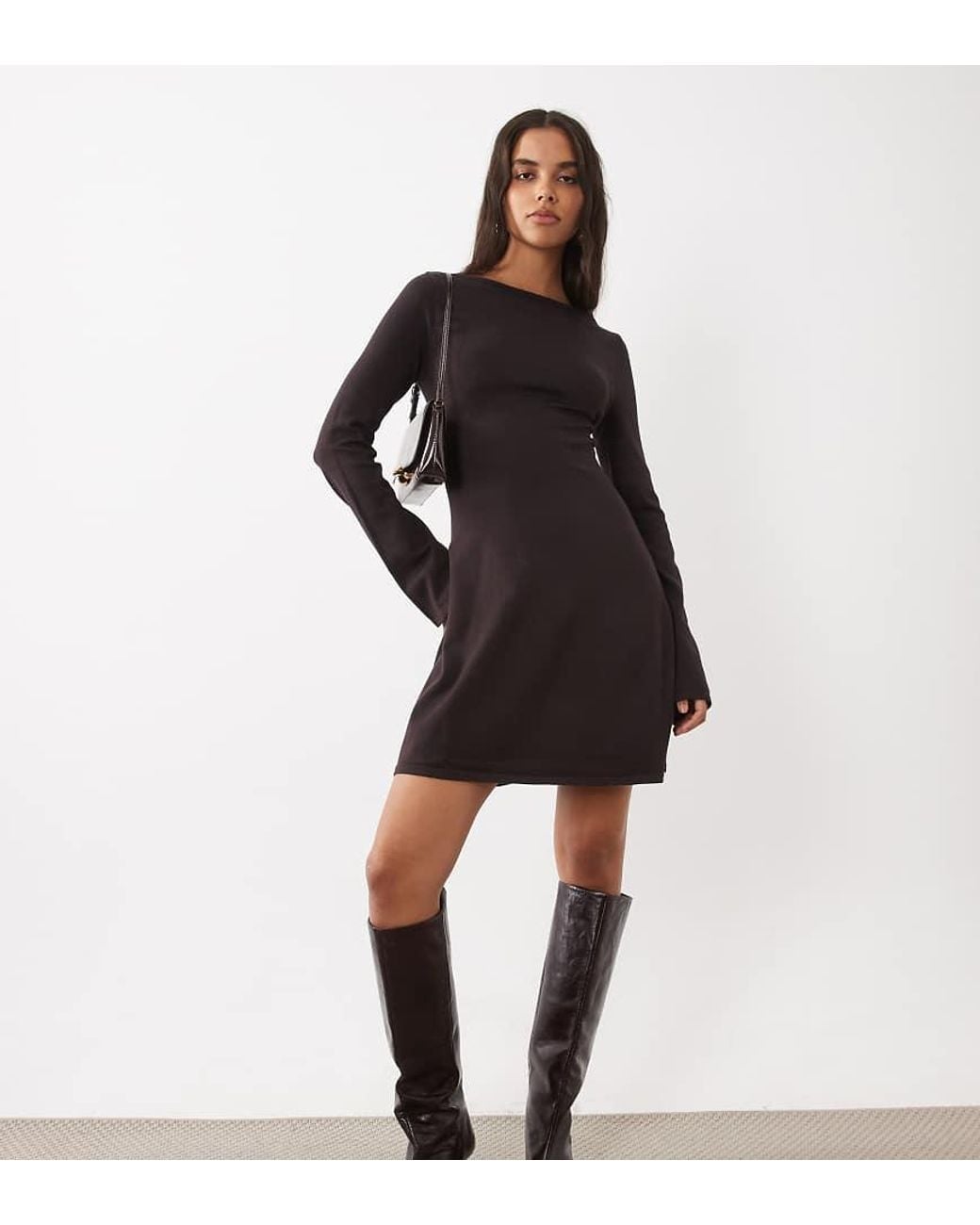 Kaiia Black Exclusive Knitted Slash Neck Cowl Back Skater Mini Dress