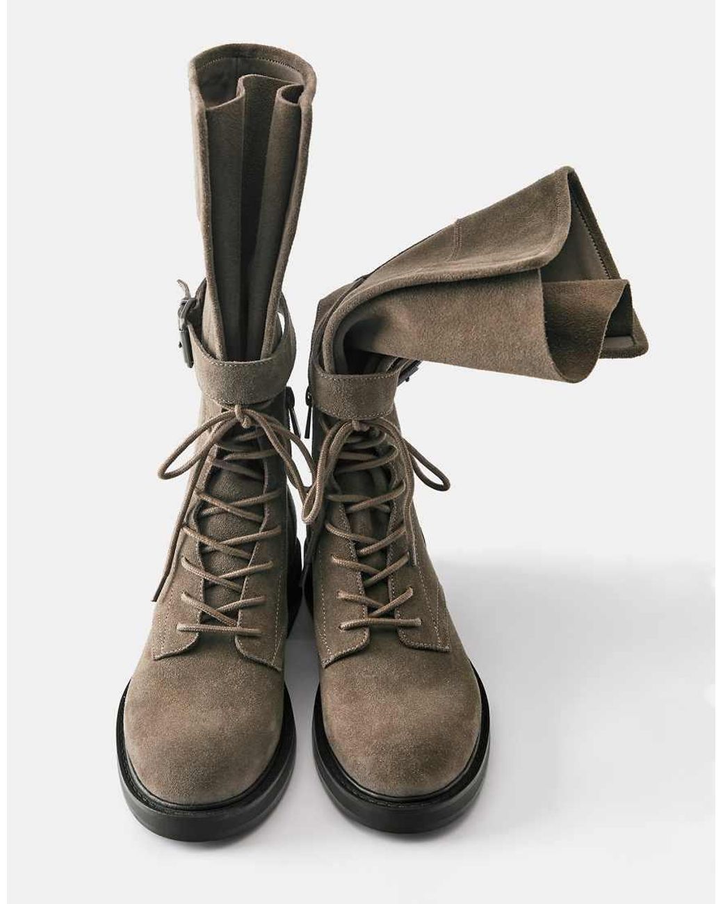 Pull&Bear Green Lace-up Flat Leather Boots