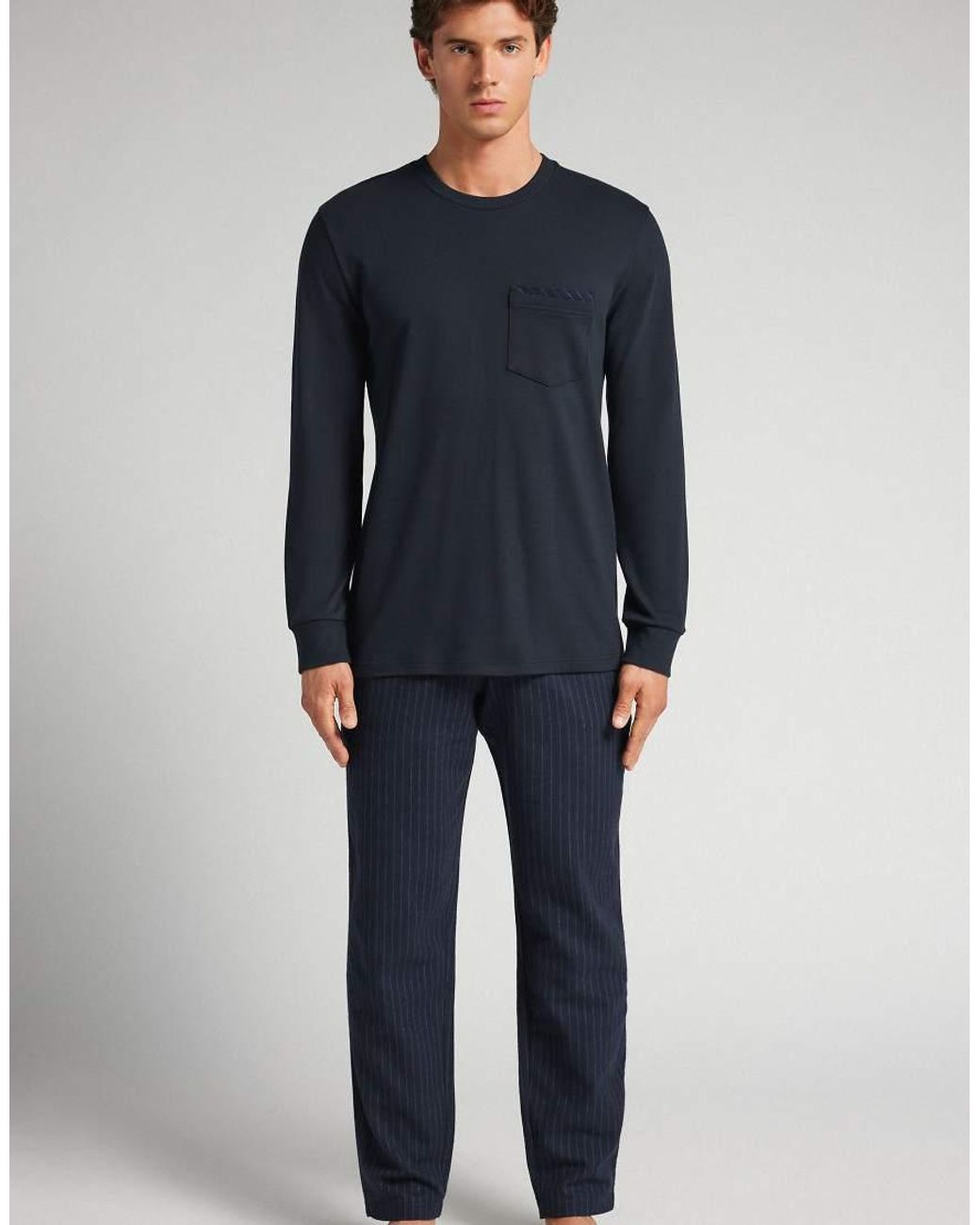 Intimissimi Blue Long Pinstripe Cotton Pyjamas for men