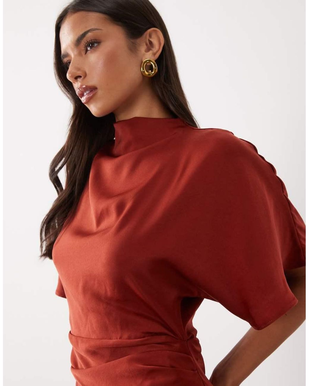 ASOS Red Satin High Neck Blouson Maxi Dress With Flutter Sleeve