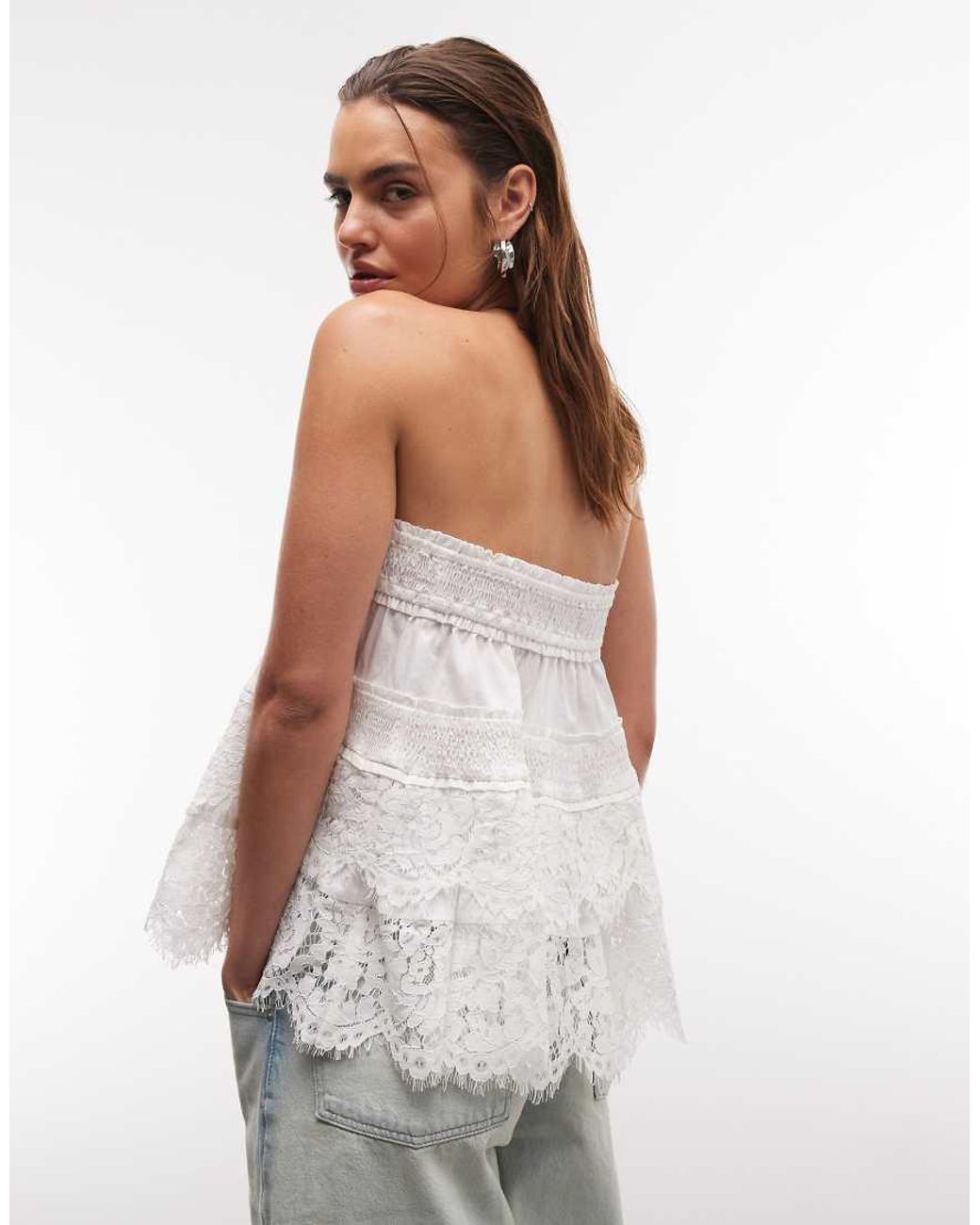 ASOS White Lace Hem Shirred Bandeau Top