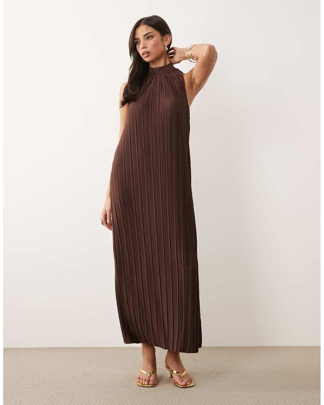 Vila Brown High Neck Plisse Maxi Dress