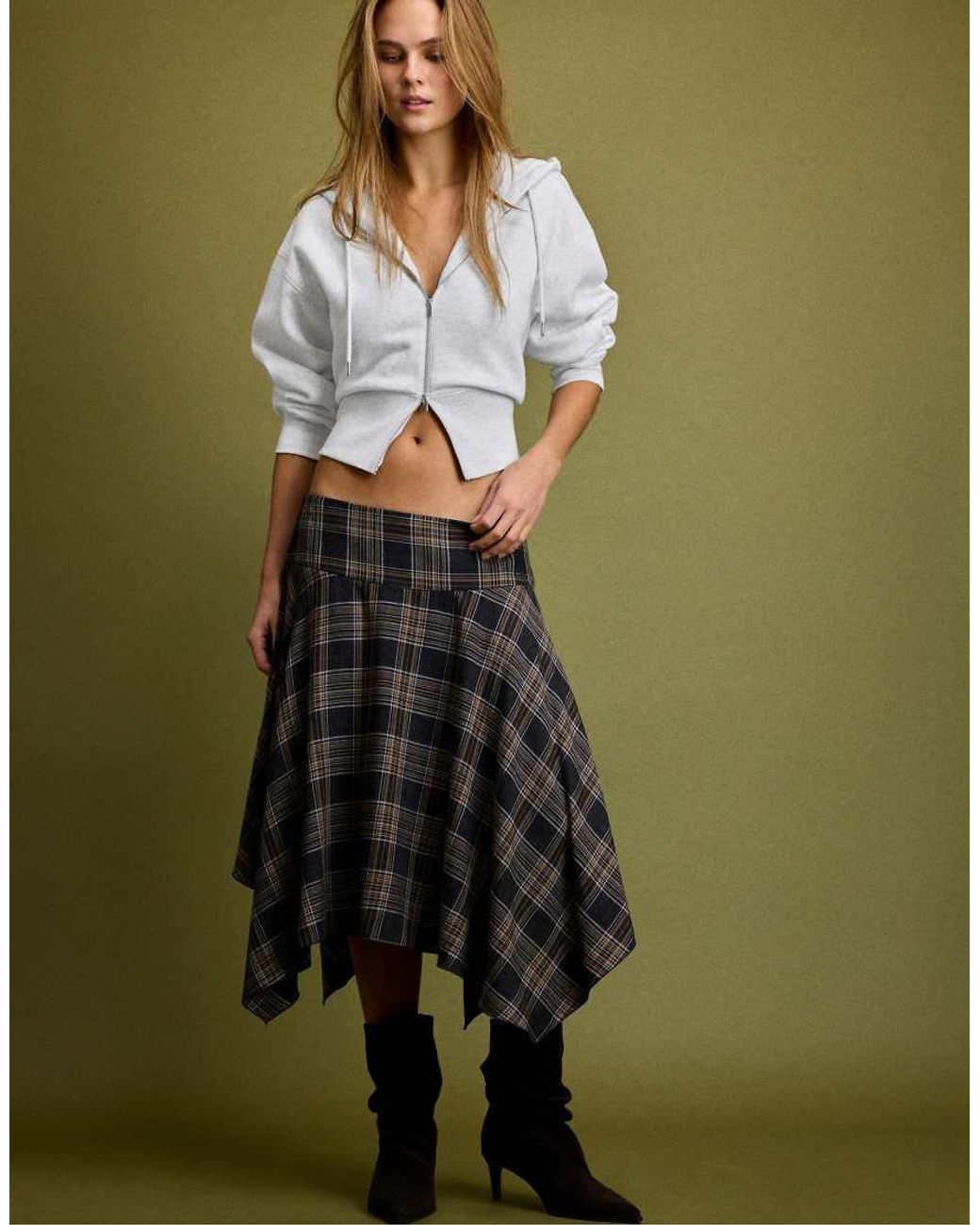 Stradivarius Green Checked Midi Skirt With Pointed Hem