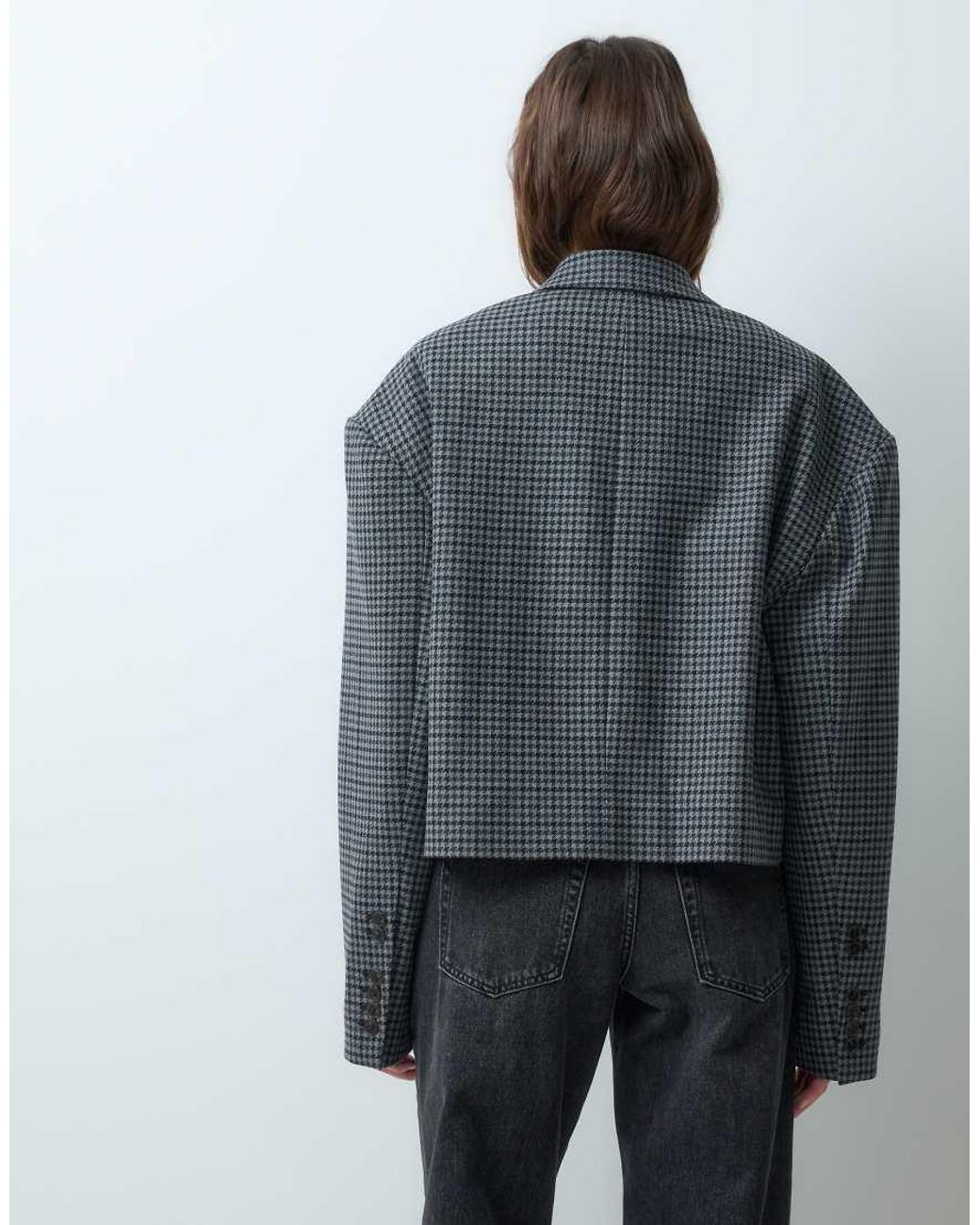 & Other Stories Gray Wool Blend Houndstooth Cropped Blazer