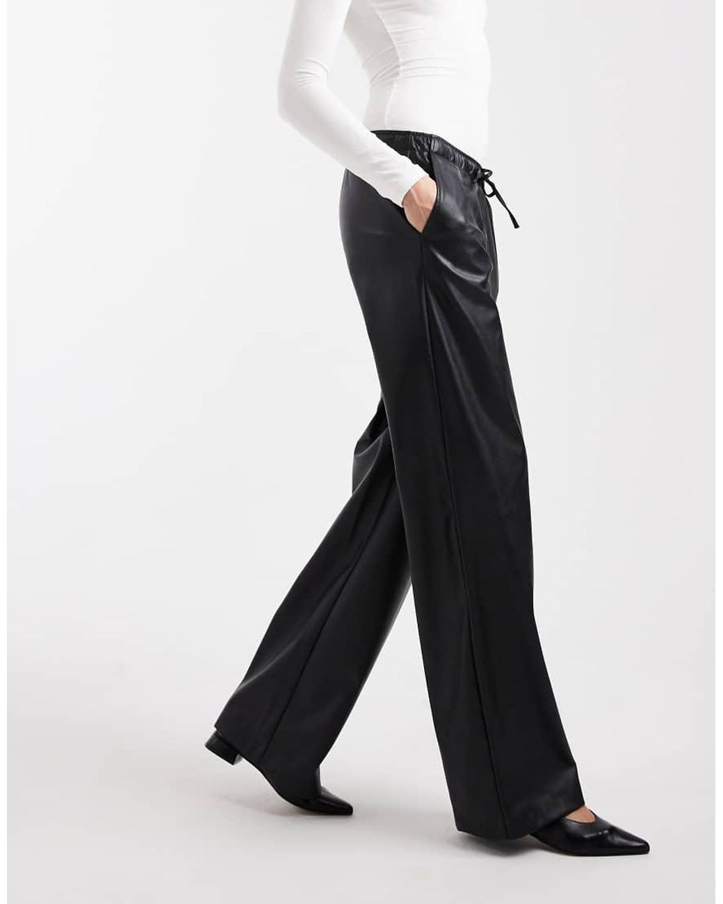 Vero Moda Black Tie Waist Wide Leg Faux Leather Trouser