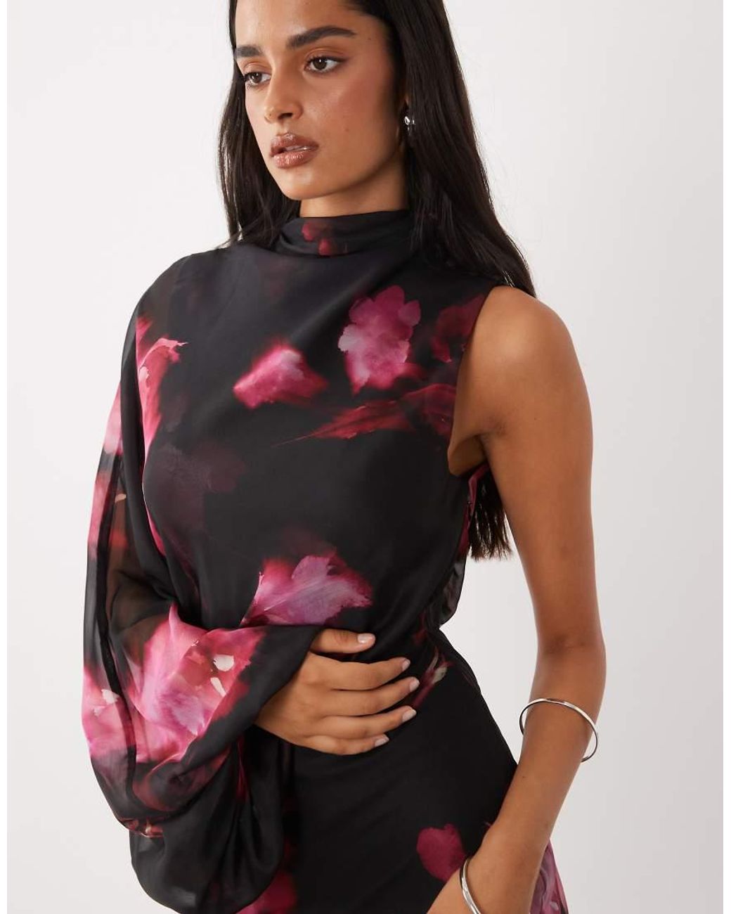 ASOS Multicolor One Sleeve Blouson Overlay Bias Cut Maxi Dress