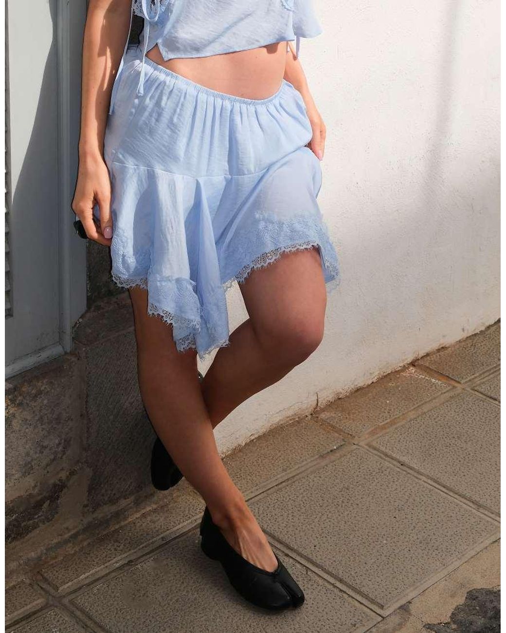 Daisy Street Blue X Emma Jean Boho Satin Mini Skirt With Lace Detailing