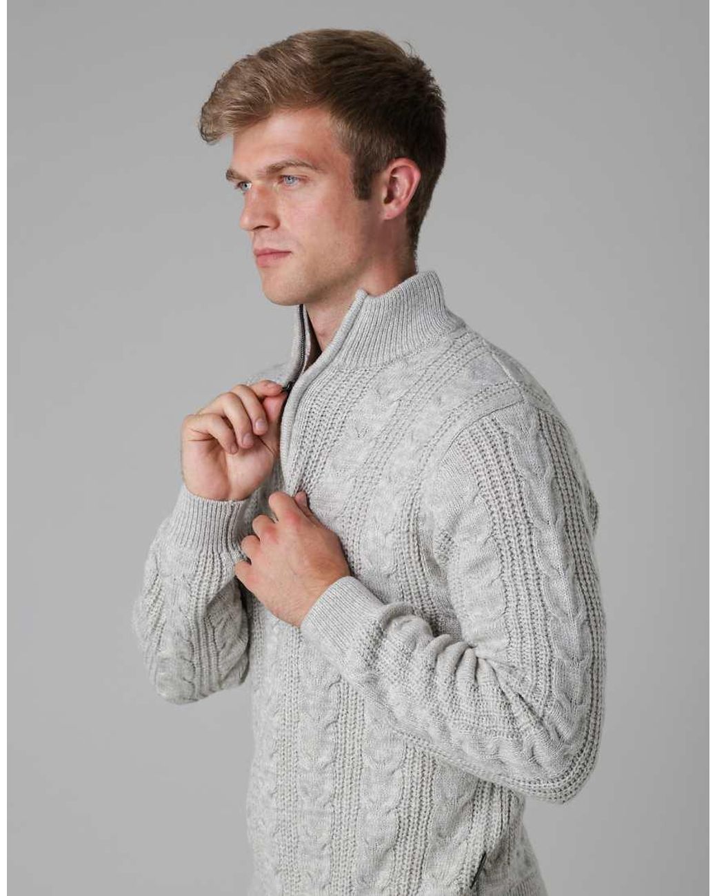 French Connection Gray 1/2 Zip Cable Knit Jumper for men