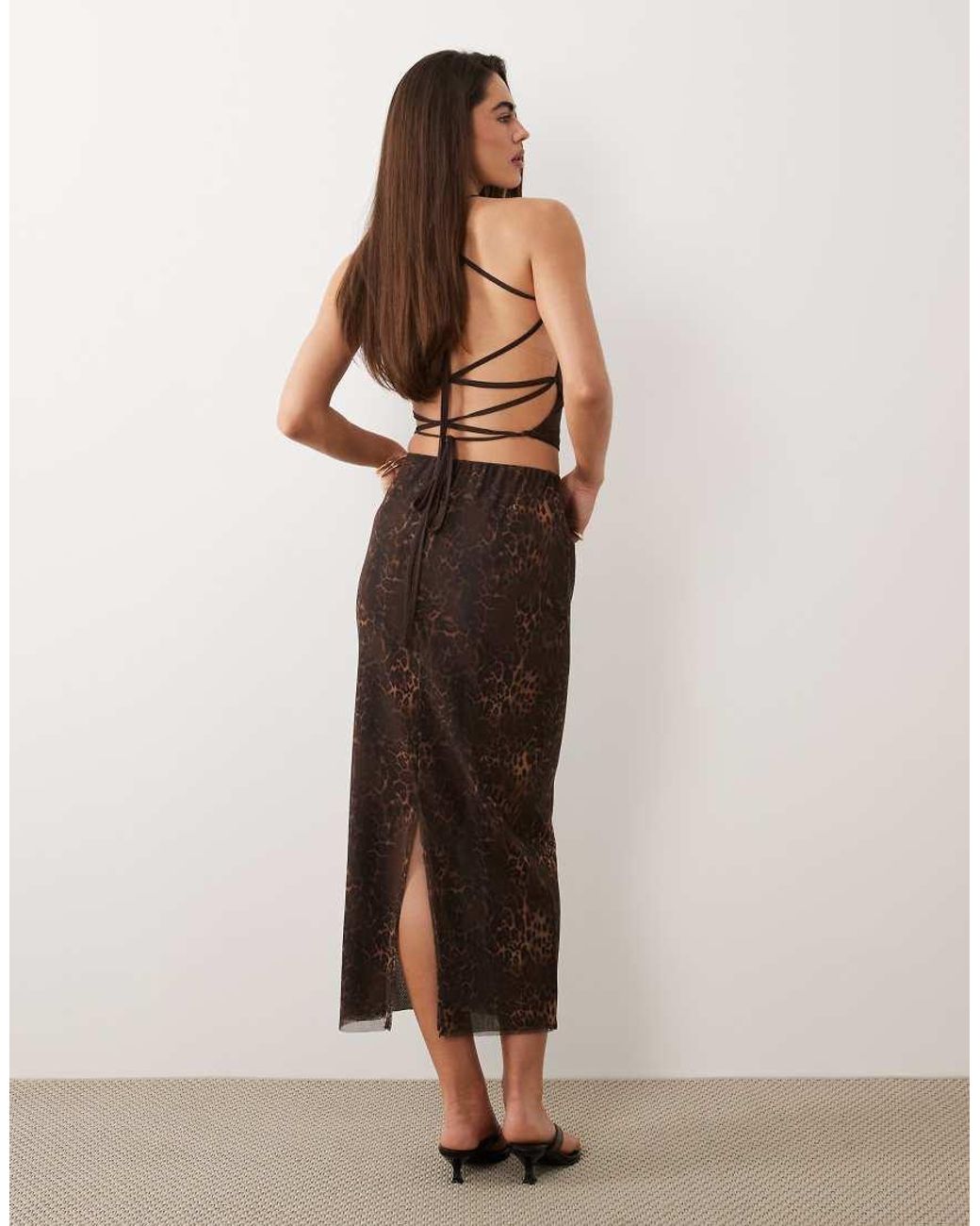 ASOS Natural Printed Mesh Maxi Skirt With Split