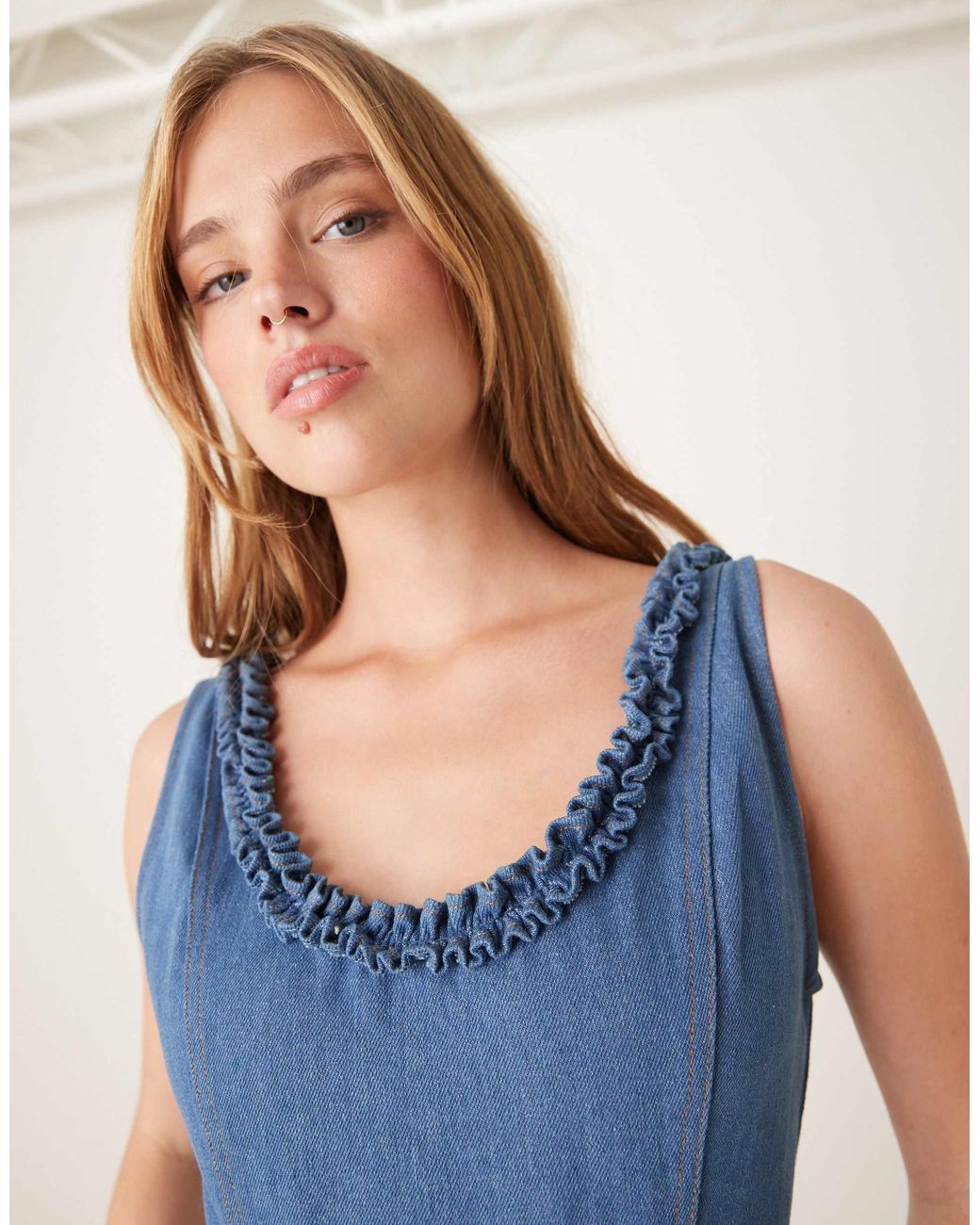 Ghospell Denim Ruffle Midaxi Dress in Blue | Lyst