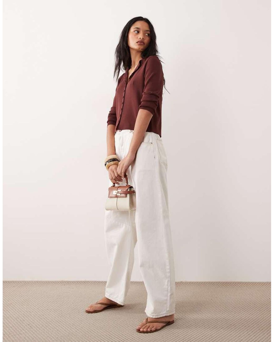 ASOS Brown Compact Crew Neck Cardigan With Self Covered Buttons