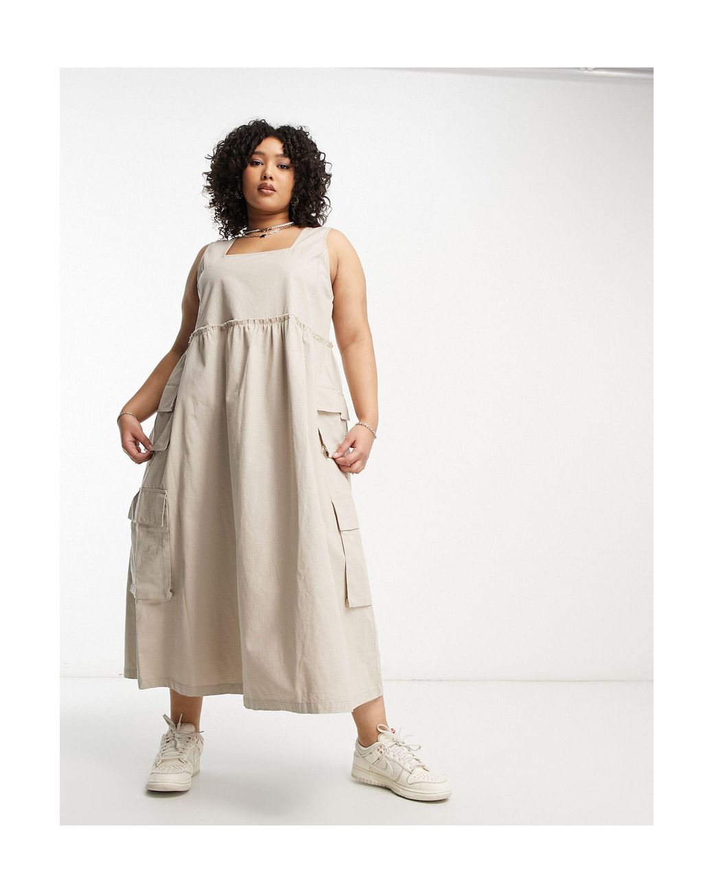 Collusion Plus Utility Pocket Pinafore Maxi Dress in Natural Lyst