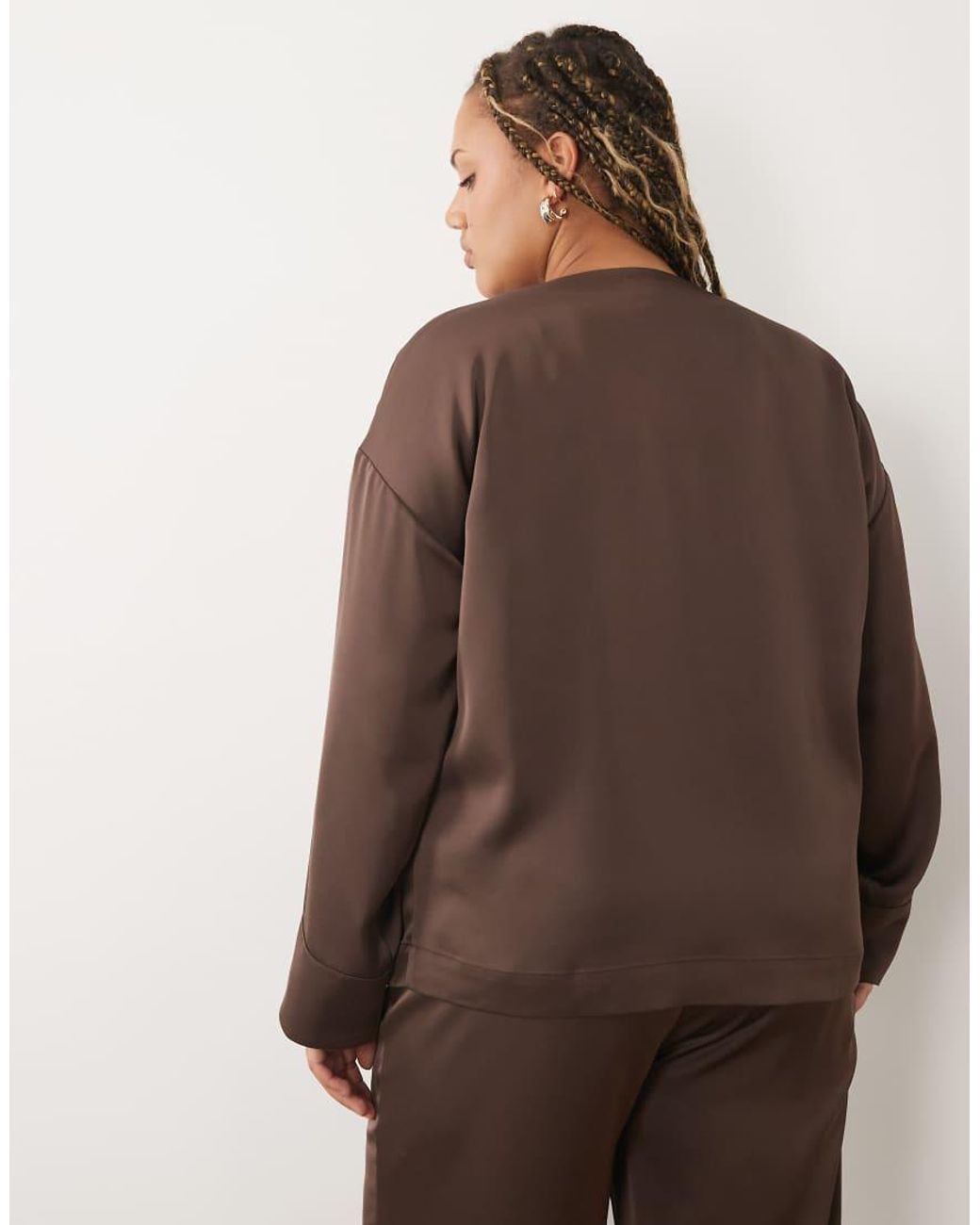 Pretty Lavish Curve Brown Breya Satin Button Through Deep Cuff Blouse Co-Ord