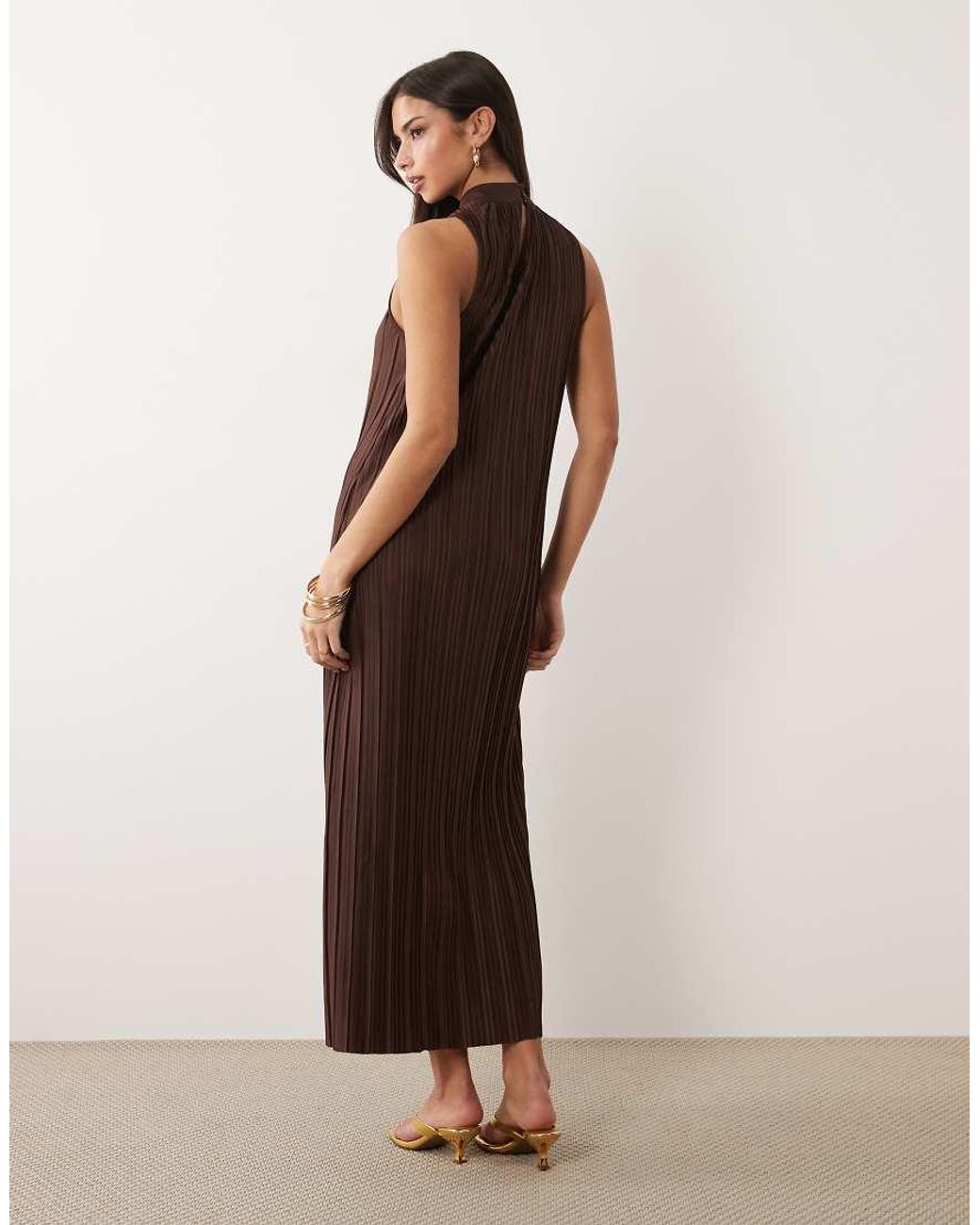 Vila Brown High Neck Plisse Maxi Dress