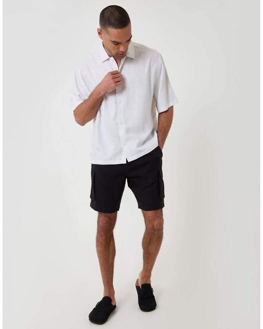 Threadbare White Boxy Fit Linen Blend Short Sleeve Shirt for men