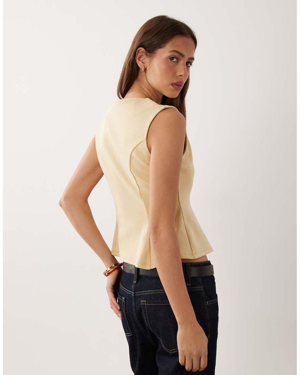 ASOS Natural Interlock Sleeveless Peplum Top With Gold Abstract Button Detail