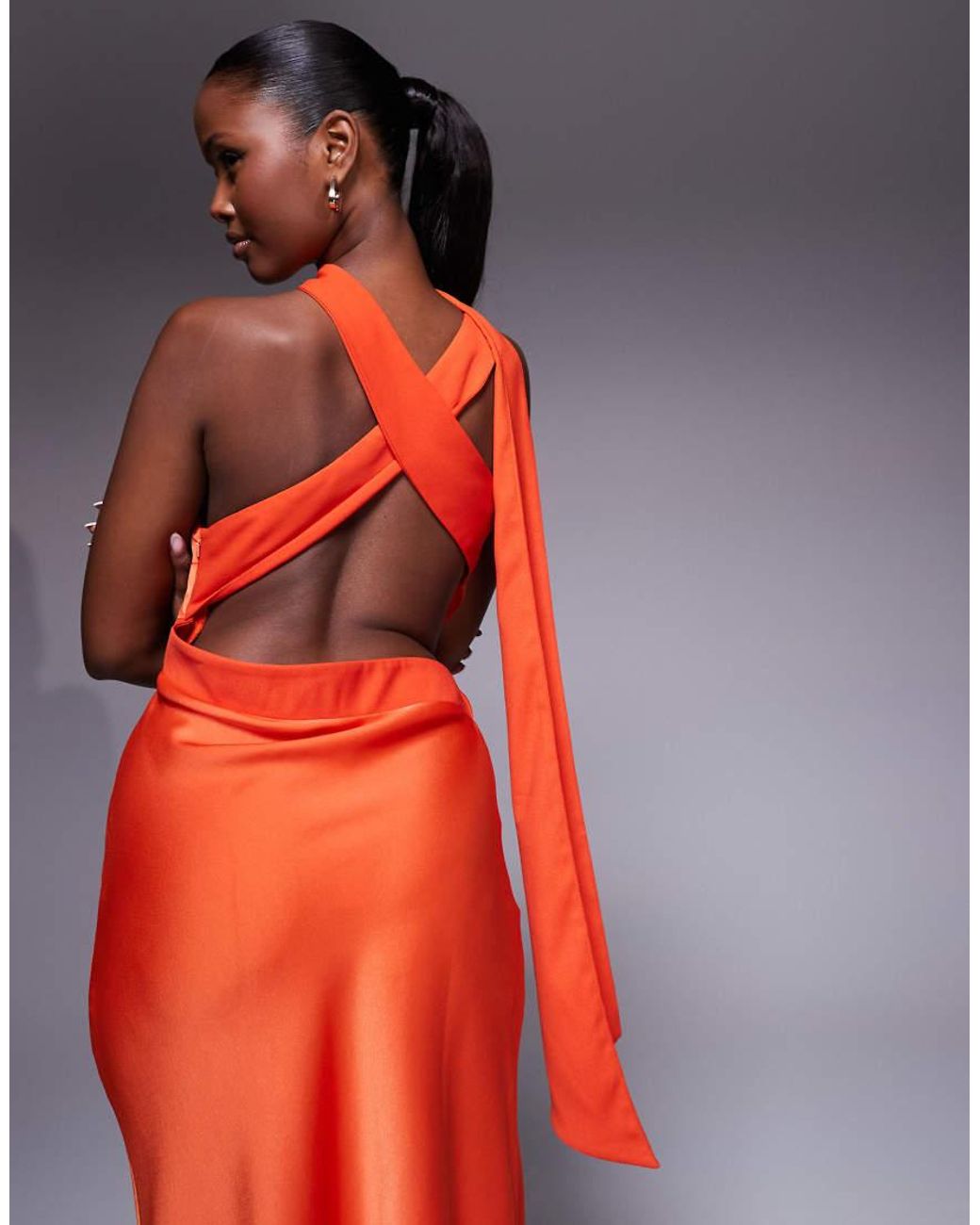 ASOS Red One Shoulder Satin Midi Dress With Neck Tie
