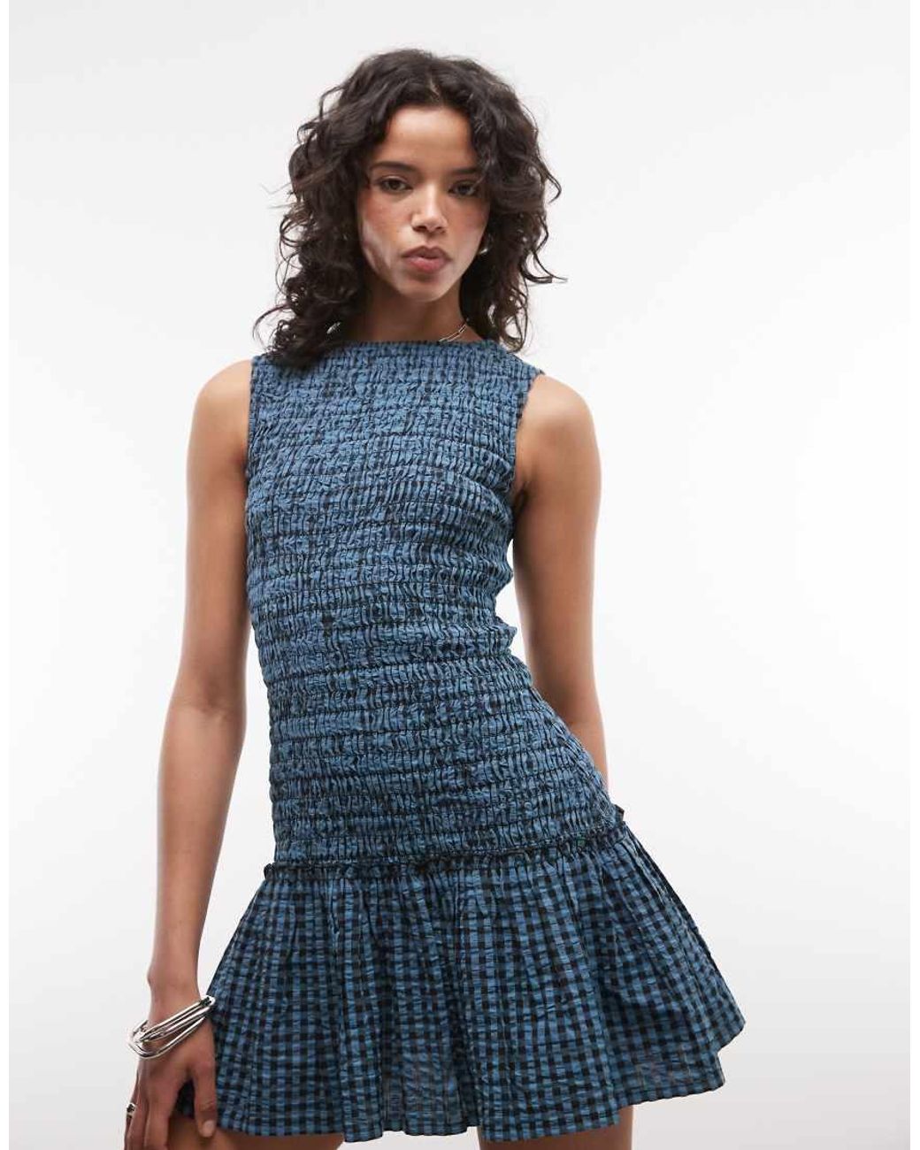 Collusion Blue Shirred High Neck Mini Dress