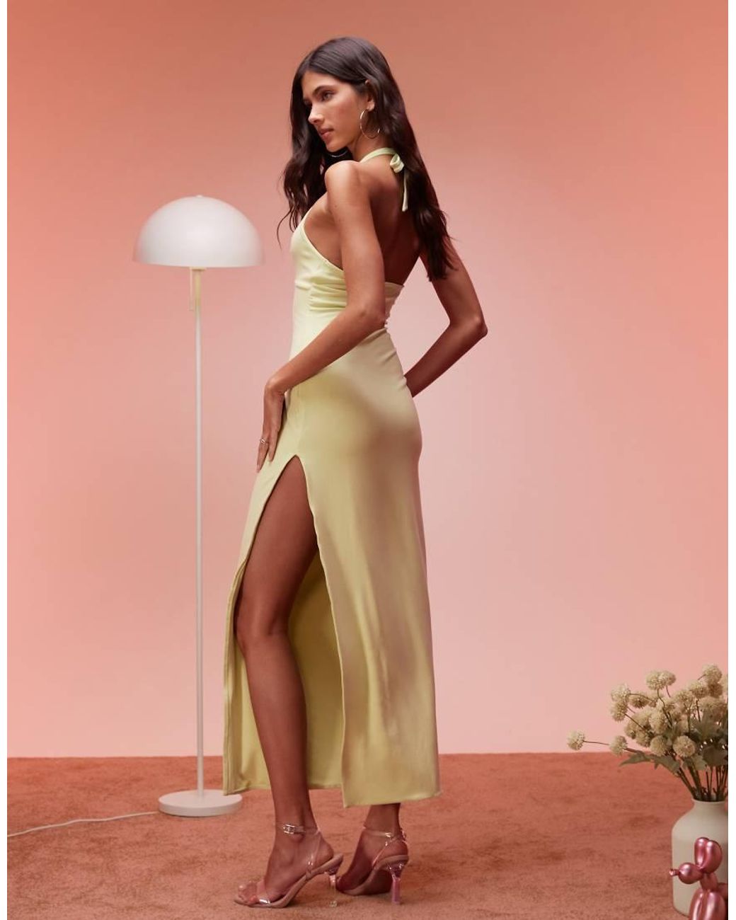 Oh Polly Pink Mei Split Halterneck Maxi Dress
