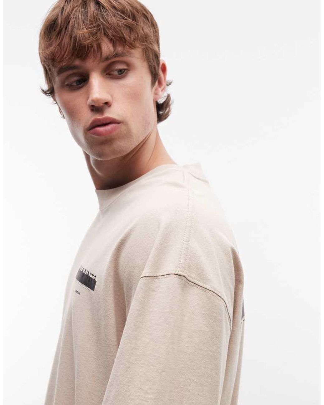 AllSaints Natural Redact Oversized Embroidered Logo T-shirt With Back Print for men