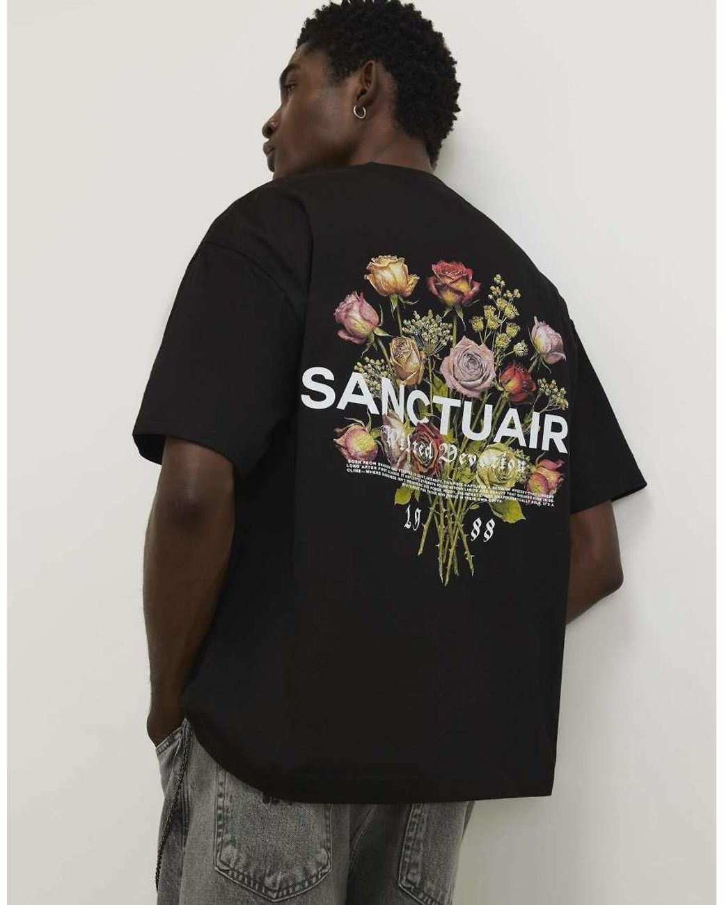 River Island Black Oversized Cotton Flower Print T-Shirt for men