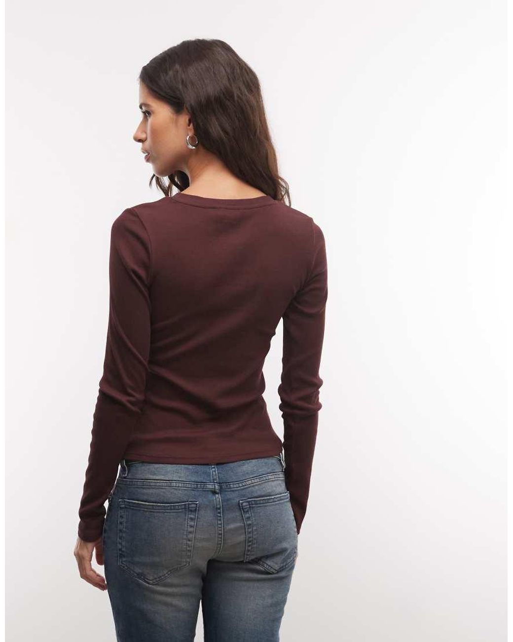 Monki Red Ribbed Long Sleeve Top