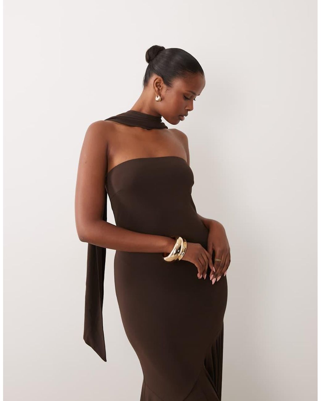 Y.A.S Brown Bandeau Drop Waist Scarf Detail Maxi Dress